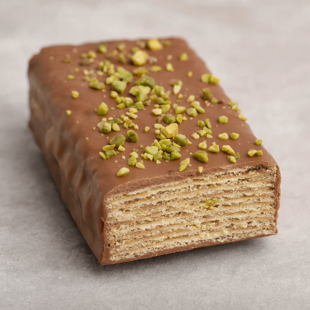 A rectangular wafer bar with crisp, thin layers and pale filling visible at the cut edge, coated in milk chocolate with small green pistachio pieces scattered over the surface.