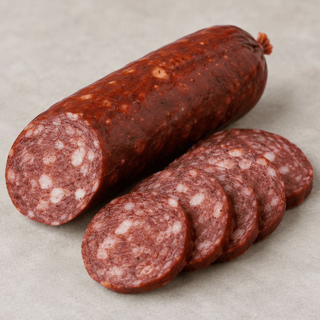 A thick, firm, deep brick-red sausage with a smooth casing, visible pale fat flecks and fine seasoning speckles, shown whole beside several round slices with a dense marbled interior.