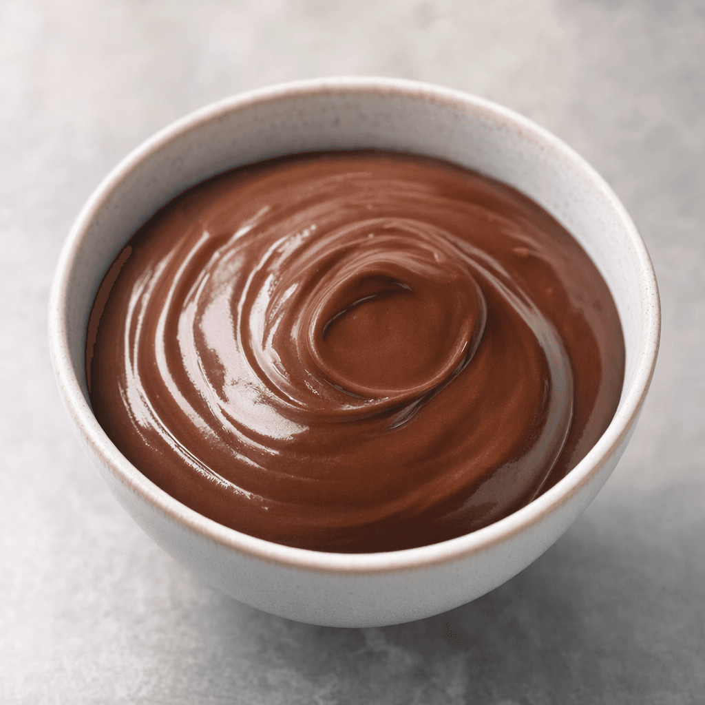 A small serving of smooth, thick, glossy chocolate dessert cream sits in a bowl, its surface an even deep brown.