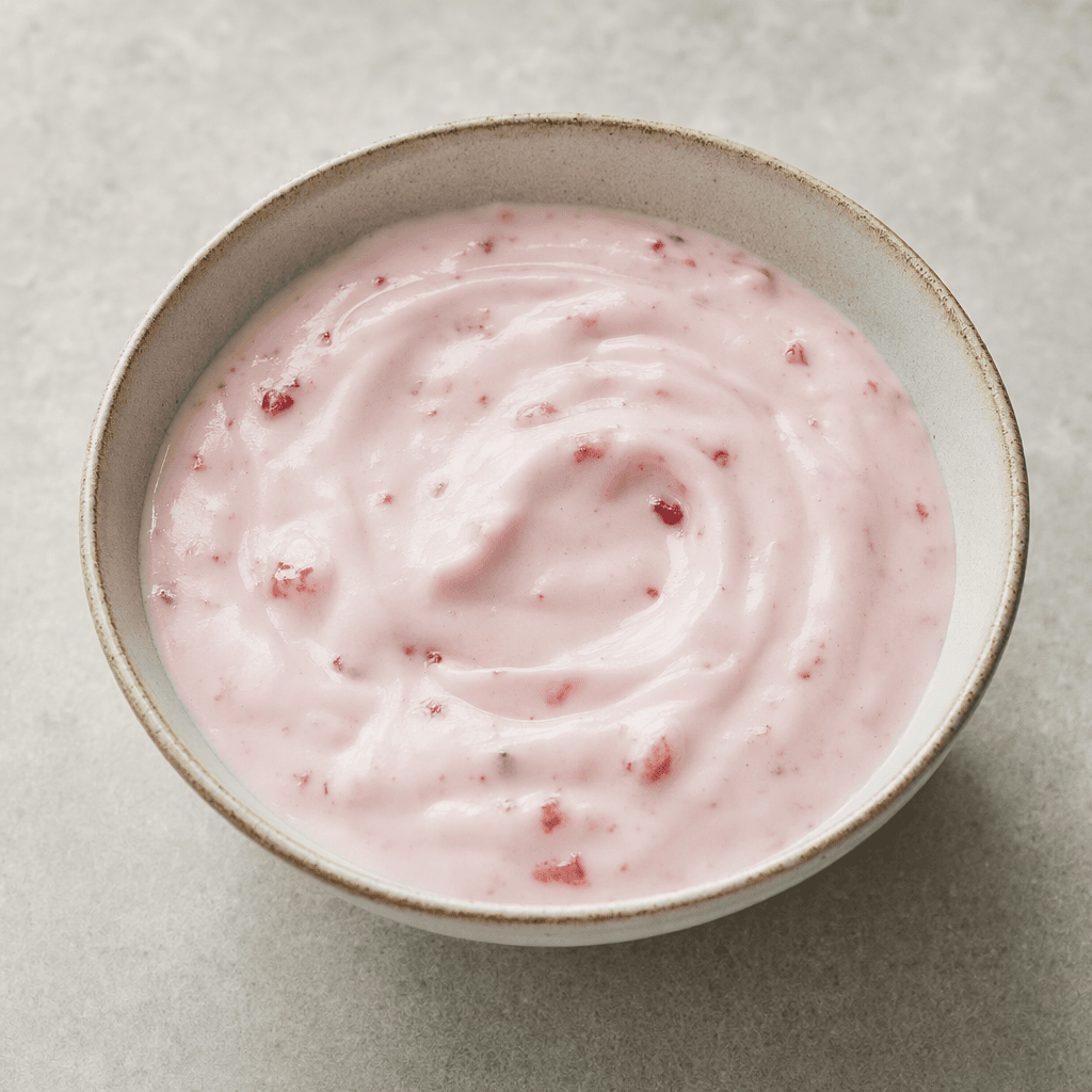 A small portion of thick, smooth, pale pink yogurt with a few tiny red fruit flecks, served in a simple bowl.