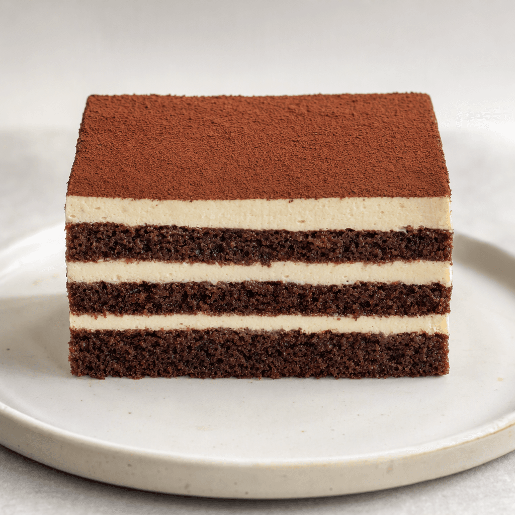 A rectangular slice of layered cake with alternating dark cocoa sponge and pale cream, showing distinct horizontal bands beneath a smooth chocolate-colored top.