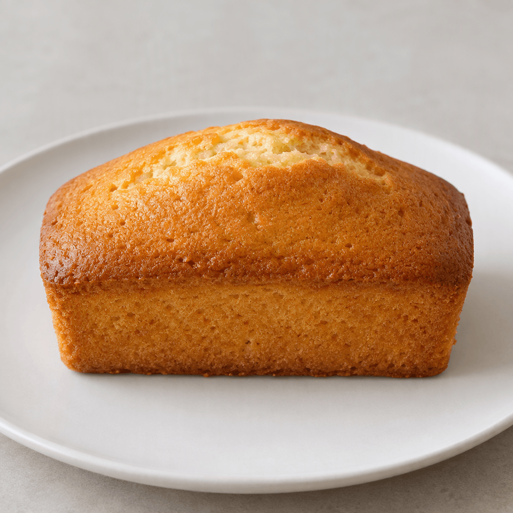 A small rectangular sponge cake with a gently domed, golden-brown top and a soft, fine-textured crumb, served whole on a plain plate.