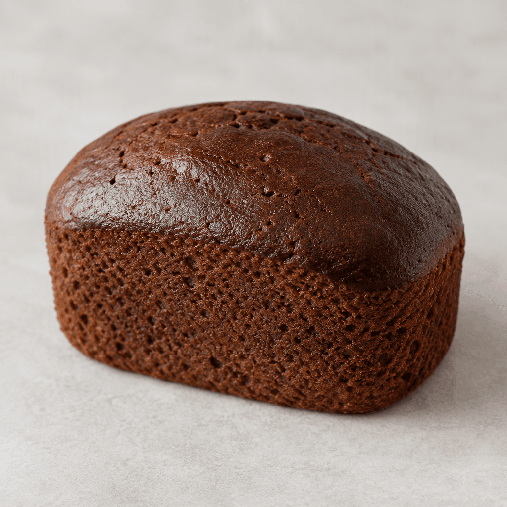 A small, rounded rectangular cocoa sponge cake with a gently domed, dark-brown top and a fine, soft-looking crumb, served on its own.