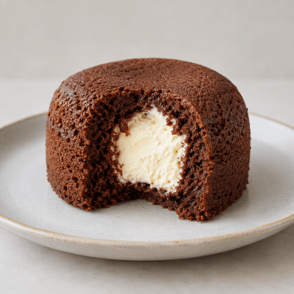 A small, rounded cocoa-brown cake sits on a plate, its cut side showing a soft, pale cream center against the darker cake crumb.