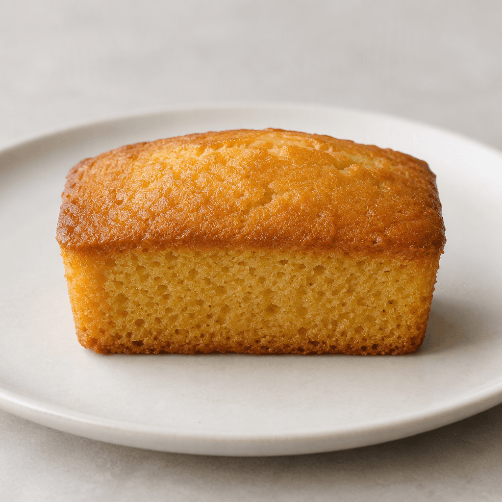 A small, single-serving rectangular cake with a golden-brown, finely porous crumb and a smooth, lightly browned top, served on a plain plate.