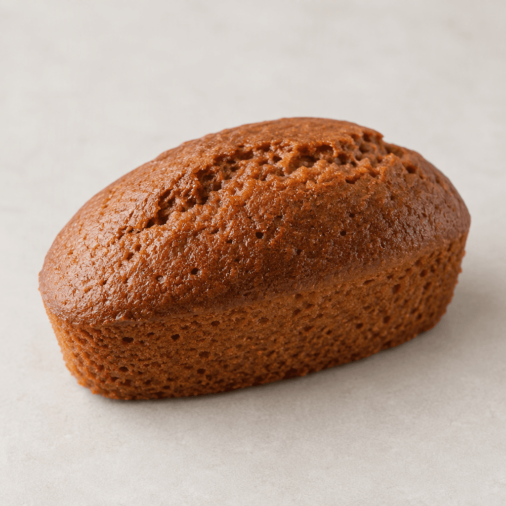 A small, oblong brown sponge cake with a soft, finely porous crumb and a slightly domed top, served on its own.