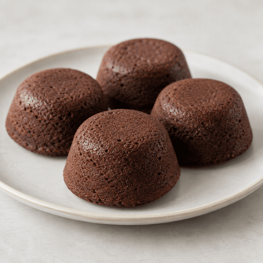 Small, rounded chocolate-brown cakes with a soft, fine-textured surface are arranged together on a plate.