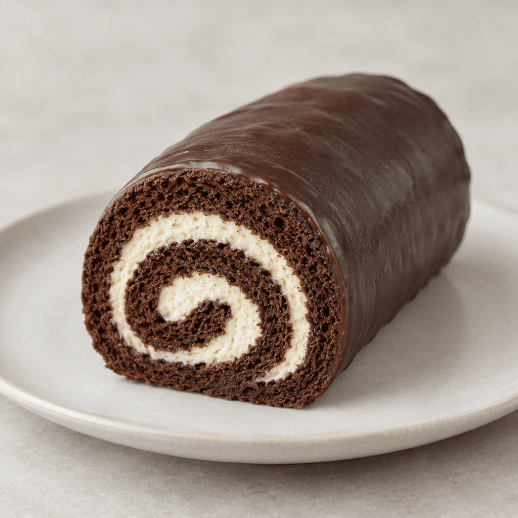 A short, dark-brown rolled sponge cake with a pale cream spiral visible at the cut end and a smooth chocolate-coated exterior, served on a plate.