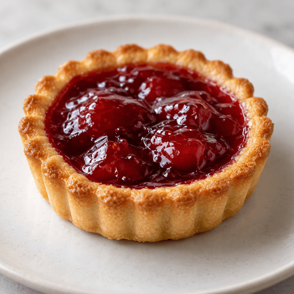 Ortası parlak kırmızı meyve dolgulu, kenarları tırtıklı küçük yuvarlak bir tartlet tabakta duruyor.