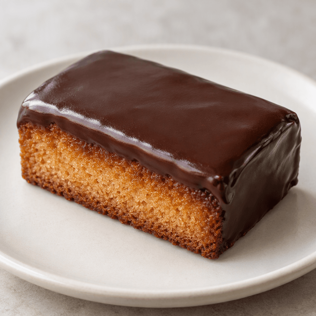 A small rectangular cake with a soft, fine-textured golden-brown crumb and a smooth dark chocolate coating, served on a plain plate.