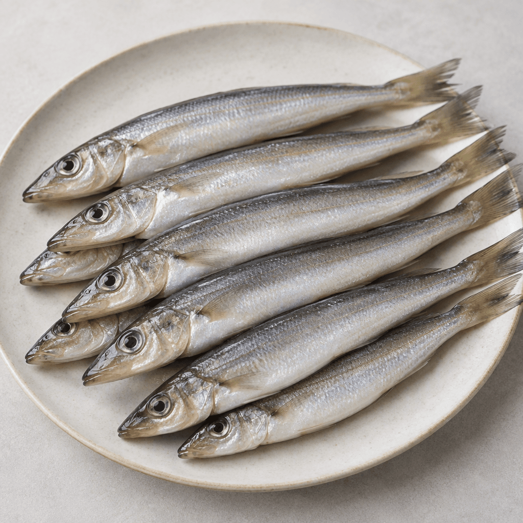 Several slender whiting with silvery sides, dark gray backs, pale bellies, pointed heads, and small fins are arranged on a plate.