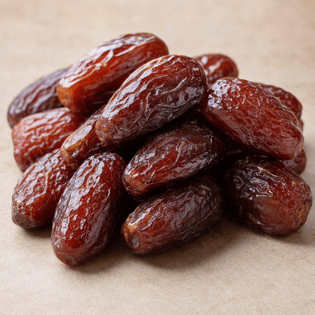 Glossy, wrinkled oval dates in shades of deep amber brown to dark brown, with smooth, slightly sticky-looking skins, arranged in a small pile on a plain surface.