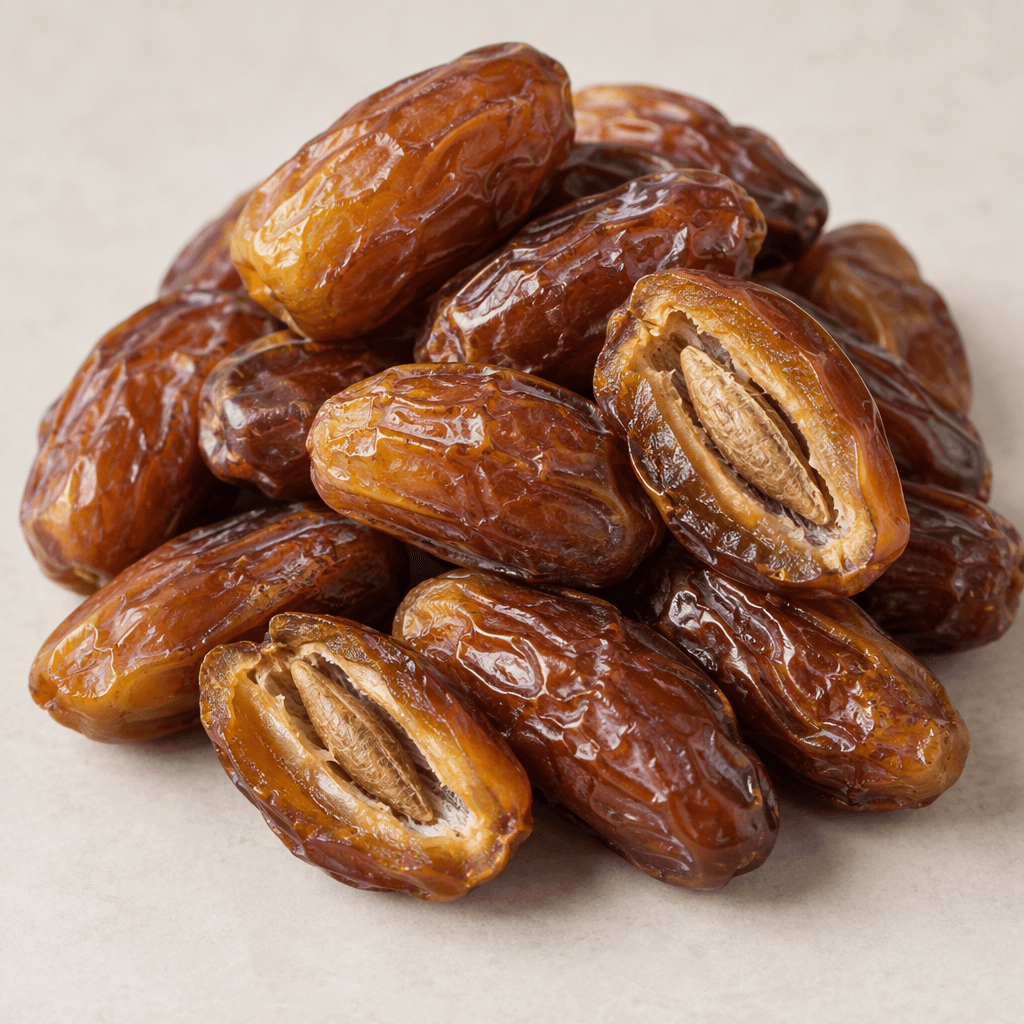 Elongated oval dates with smooth, slightly glossy skins ranging from golden amber to deep brown, their wrinkled surfaces showing a soft, dense texture, with a few split open to reveal a single long hard pit.