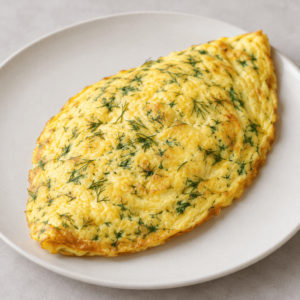 İnce kıyılmış yeşil dereotu parçaları içeren, yumuşakça katlanmış altın sarısı omlet; hafifçe kızarmış kenarları ve nazikçe donmuş yüzeyiyle sade bir tabakta bütün olarak sunuluyor.