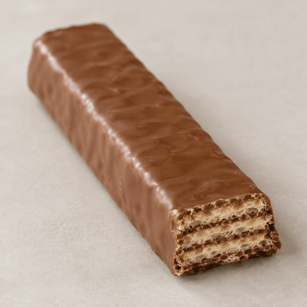A long, narrow rectangular wafer bar coated in smooth milk chocolate, with pale golden wafer layers and thin chocolate filling visible at one broken end.
