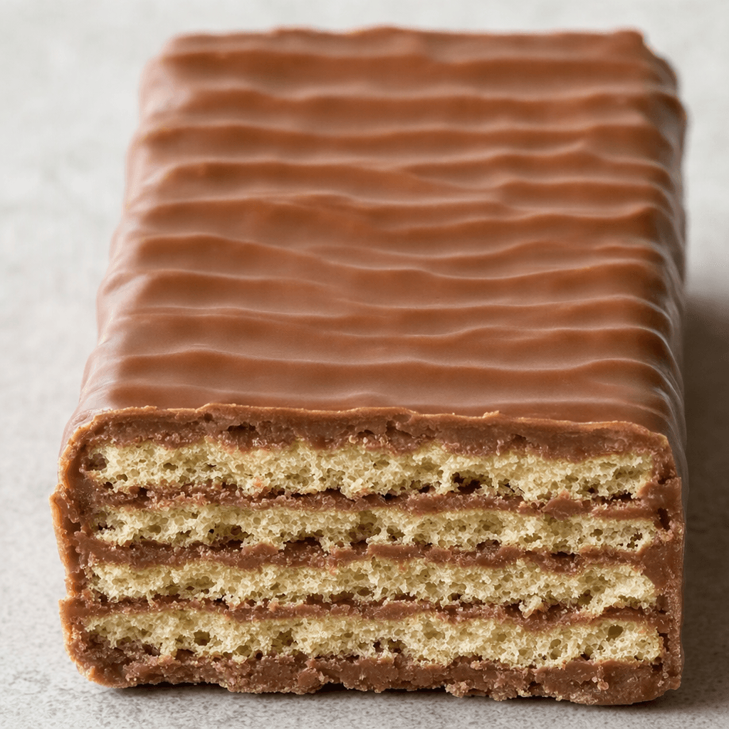 A thick, rectangular wafer bar coated in smooth milk chocolate, with shallow ridges on top and crisp, pale wafer layers separated by thin chocolate filling visible at a broken end.