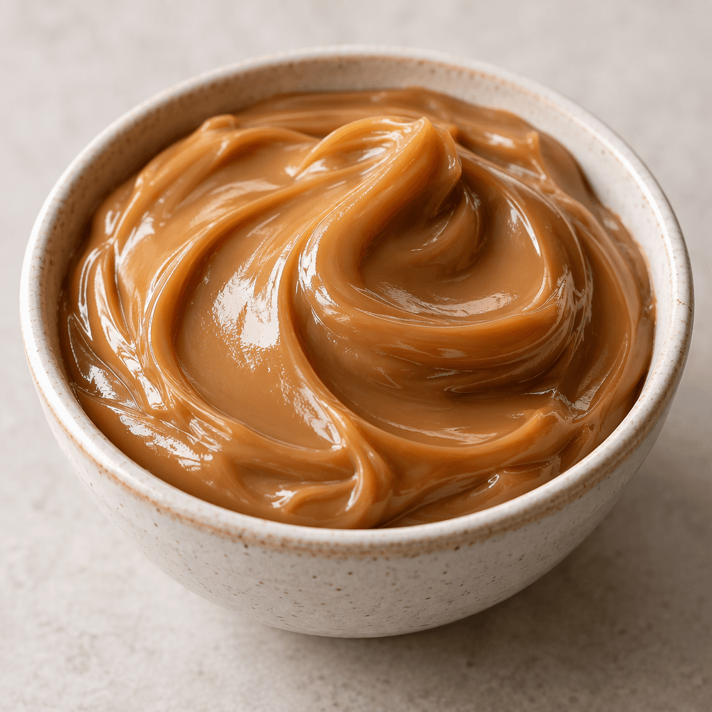 A thick, glossy, light caramel-brown milk spread sits in a small bowl, with a smooth, creamy surface and soft folds.