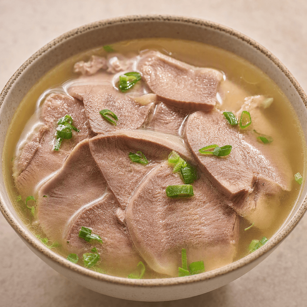 A bowl of clear, light golden broth with tender-looking slices of beef tongue, their smooth surfaces pale pinkish brown against the liquid.