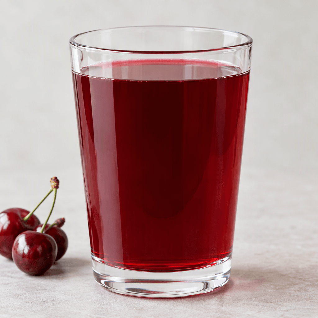 A clear glass filled with deep ruby-red sour cherry juice, smooth and translucent with a slight sheen.