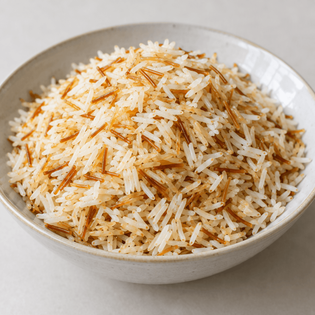 A mound of separate, fluffy long-grain rice kernels, mostly white to pale golden, mixed with small browned vermicelli-like pasta pieces, served in a shallow bowl with a slightly glossy surface and loose grains visible around the edges.