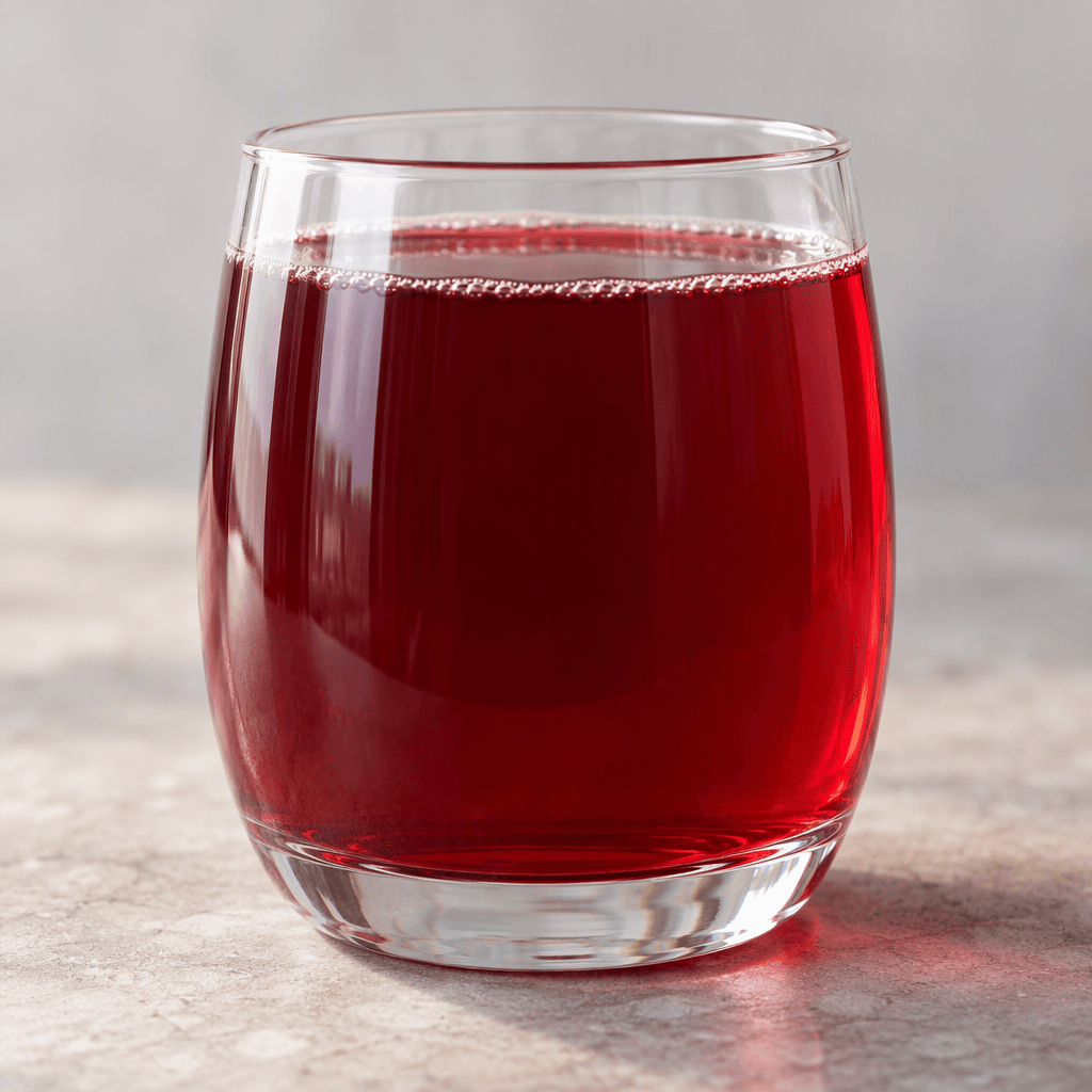 Deep ruby-red pomegranate juice fills a clear glass, translucent at the edges with soft highlights on its smooth surface.