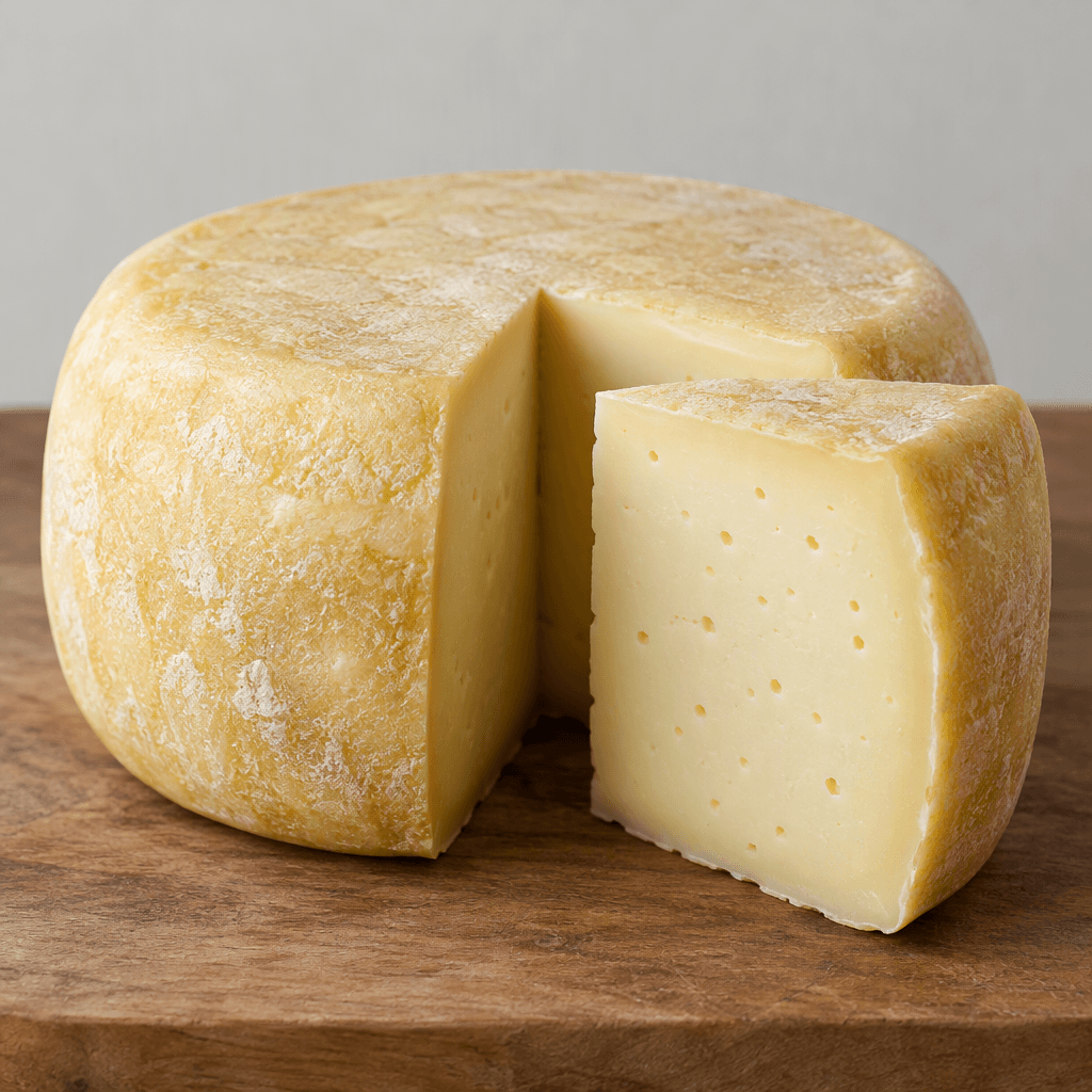 A pale ivory to warm yellow wheel of natural cheese sits on a wooden board, with a firm, slightly uneven surface and a cut wedge showing a dense, smooth interior with a few small holes.