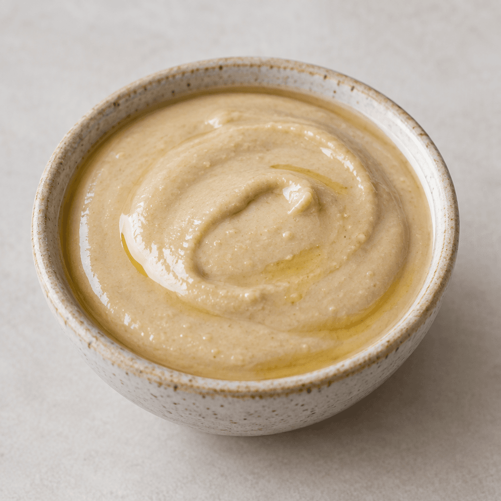 A smooth, thick, pale beige sesame paste sits in a small bowl, with a faint golden sheen of oil on its surface.