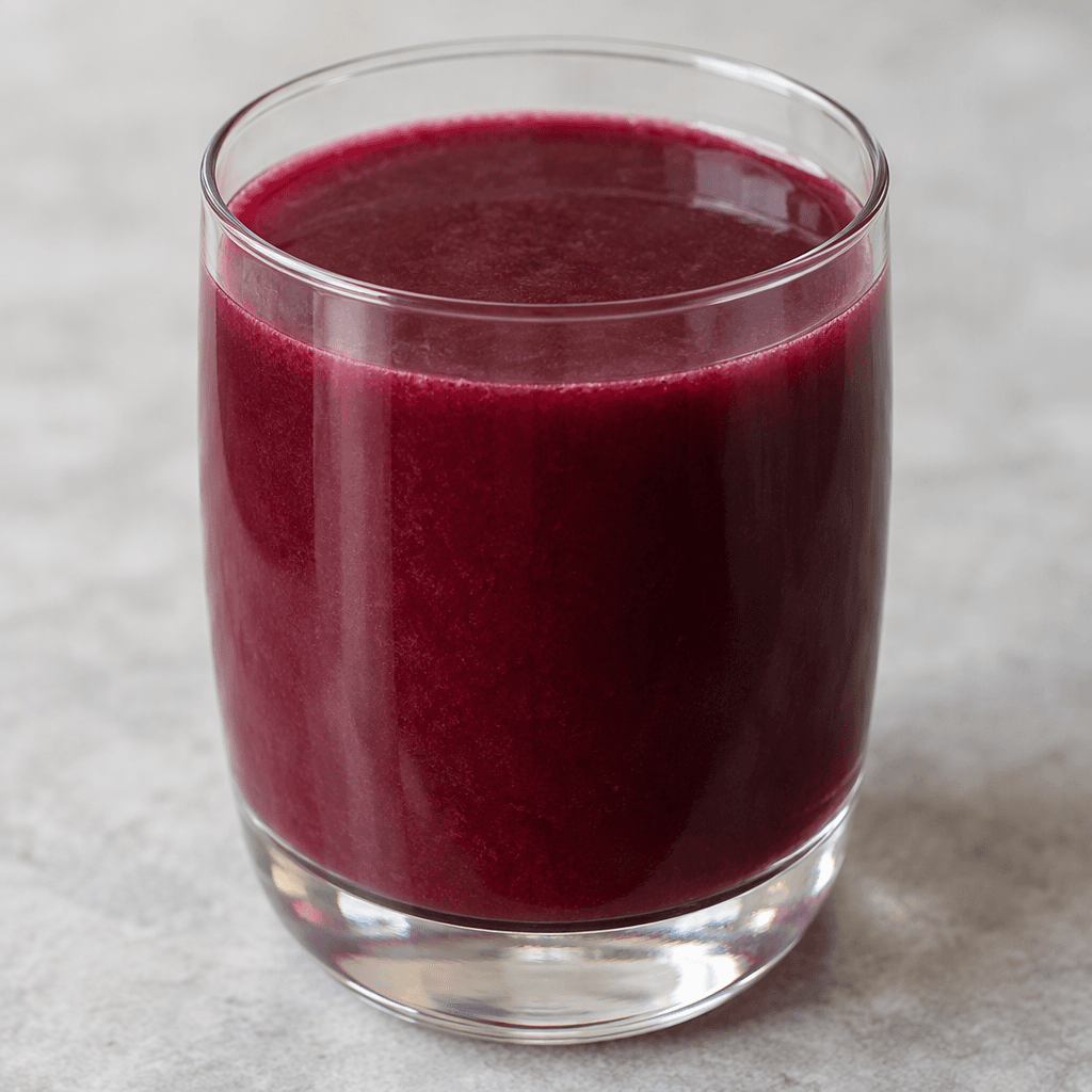A glass of cloudy, deep reddish-purple liquid with a smooth surface and no visible garnish.