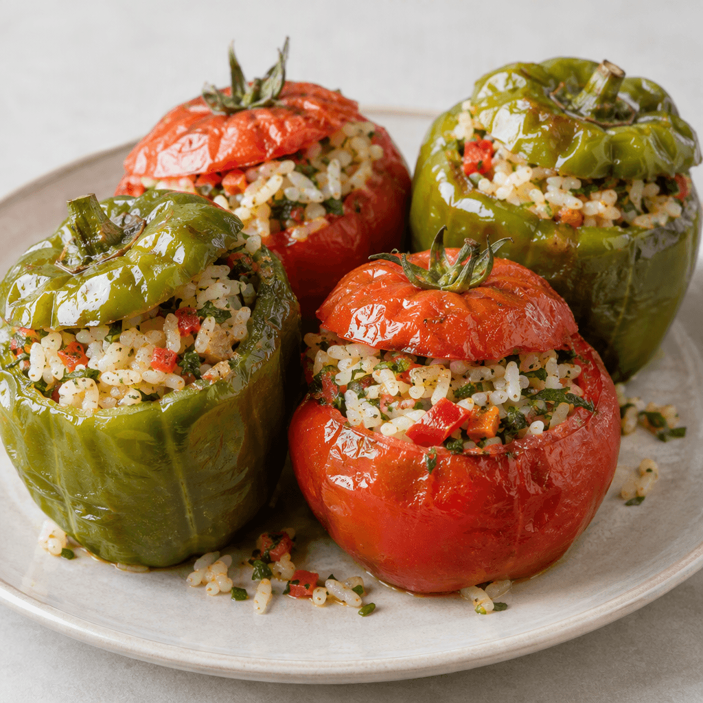 A serving of hollowed green peppers and tomatoes filled with visible rice, herbs and small diced vegetables, arranged closely on a plate with glossy, tender-looking skins and a few loose rice grains around them.