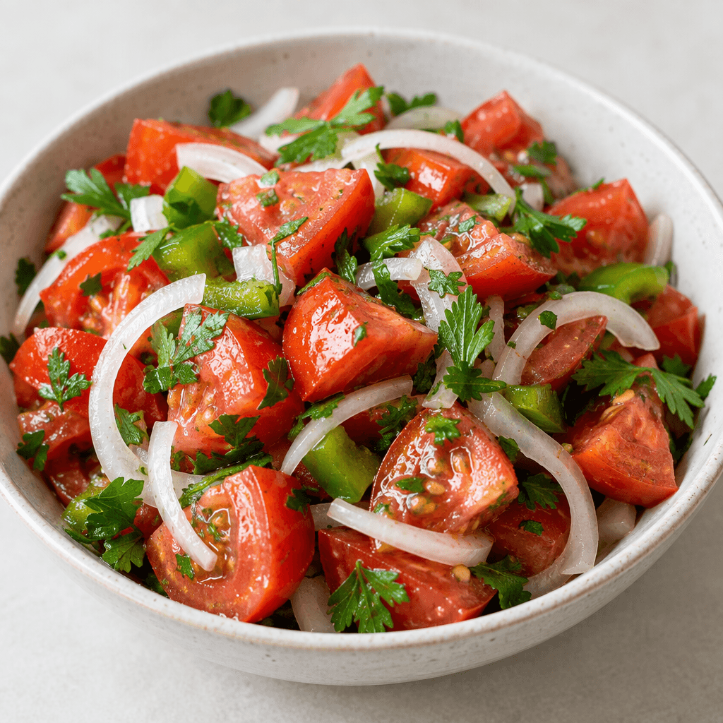 Chunks of glossy red tomatoes are mixed with thinly sliced white onion and scattered green parsley in a shallow serving bowl, with a few green pepper pieces visible among the vegetables.