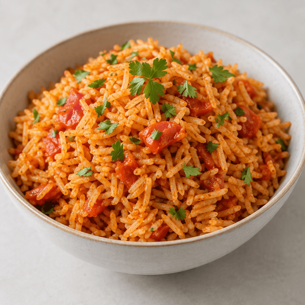 A mound of fluffy long-grain rice tinted warm red-orange, with small pieces of softened tomato visible throughout, served in a shallow bowl and topped with a few green herb leaves.