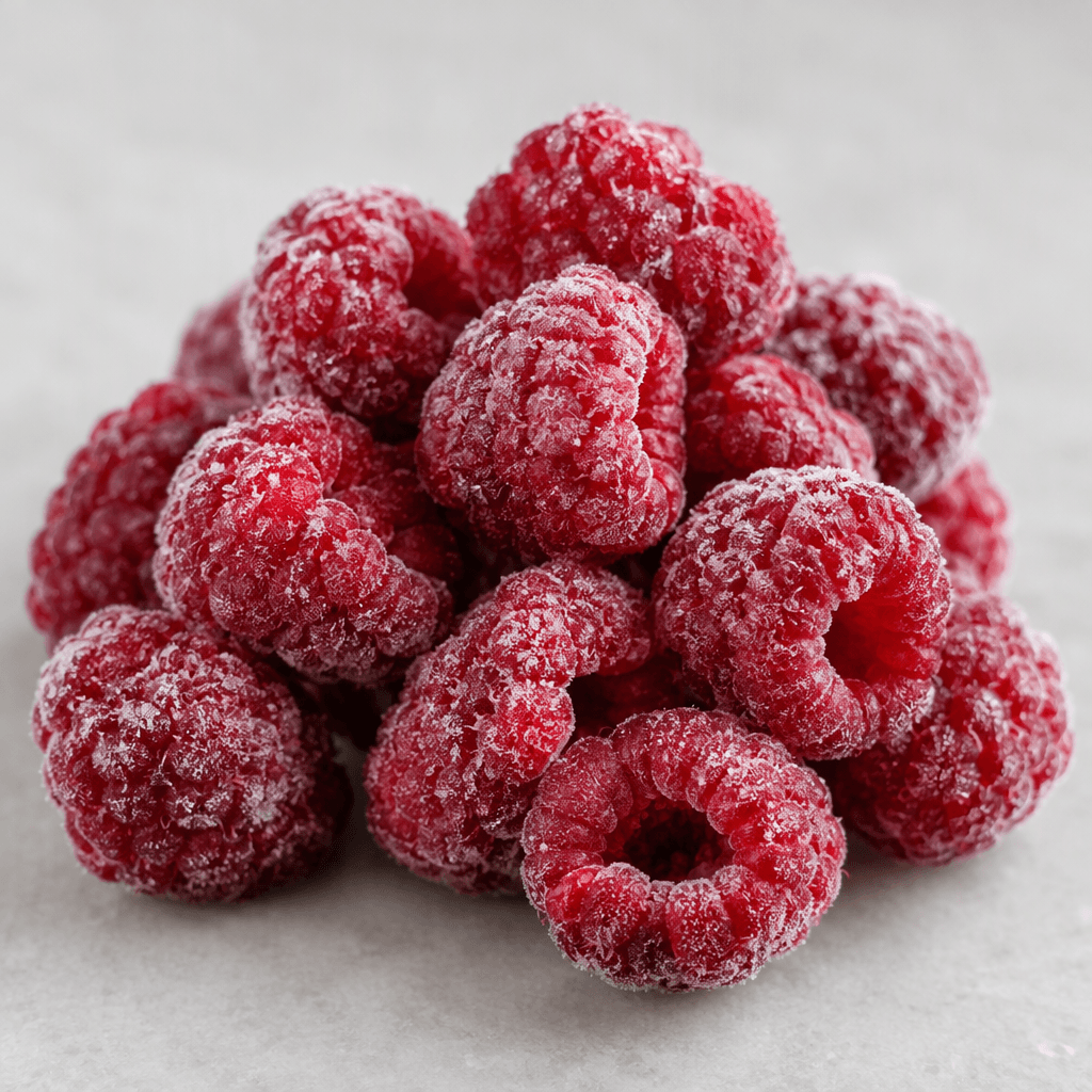 Loose frozen raspberries form a small pile, with deep crimson-red, hollow, bumpy drupelet clusters covered in a light dusting of frost and tiny ice crystals.