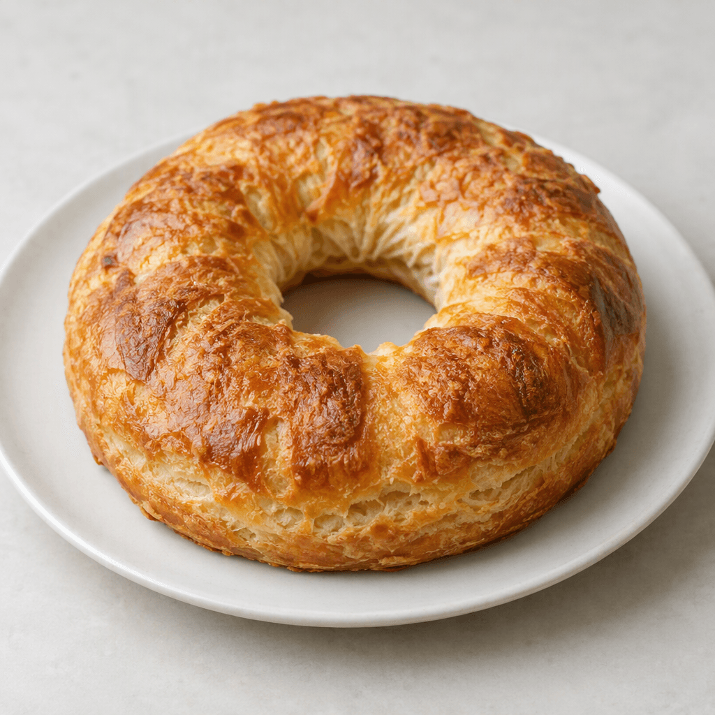 A round, golden-brown ring-shaped pastry with a central hole, a slightly crisp-looking surface, and a soft, airy interior visible along the cut edge, served on a plain plate.