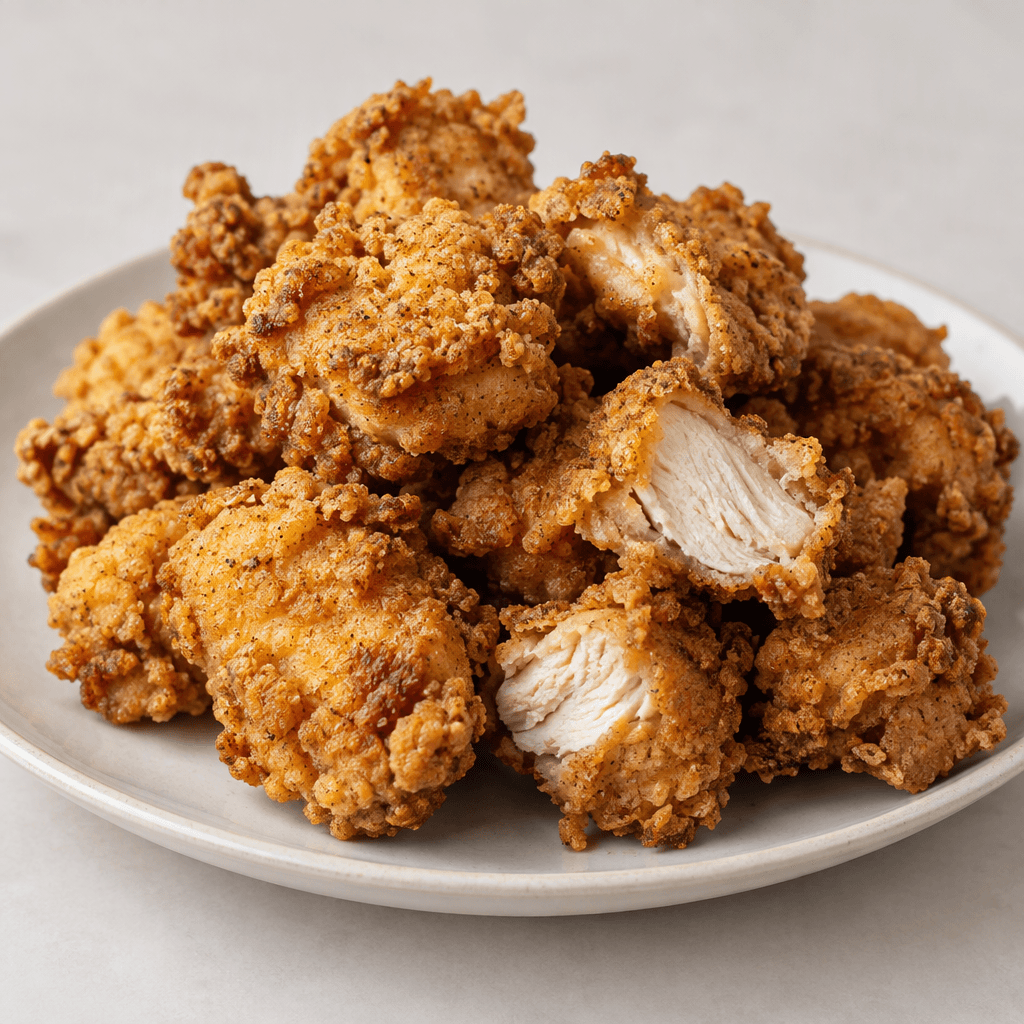 Irregular pieces of chicken coated in a craggy, golden-brown crust are arranged on a plate, with pale meat visible where the coating breaks.