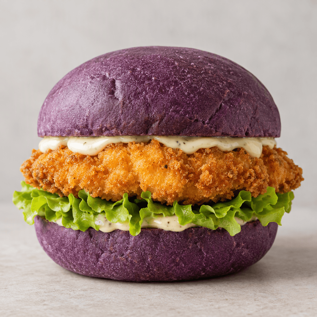 A crispy, golden-brown breaded chicken fillet sits inside a deep-purple burger bun, with pale sauce and green lettuce visible between the layers.