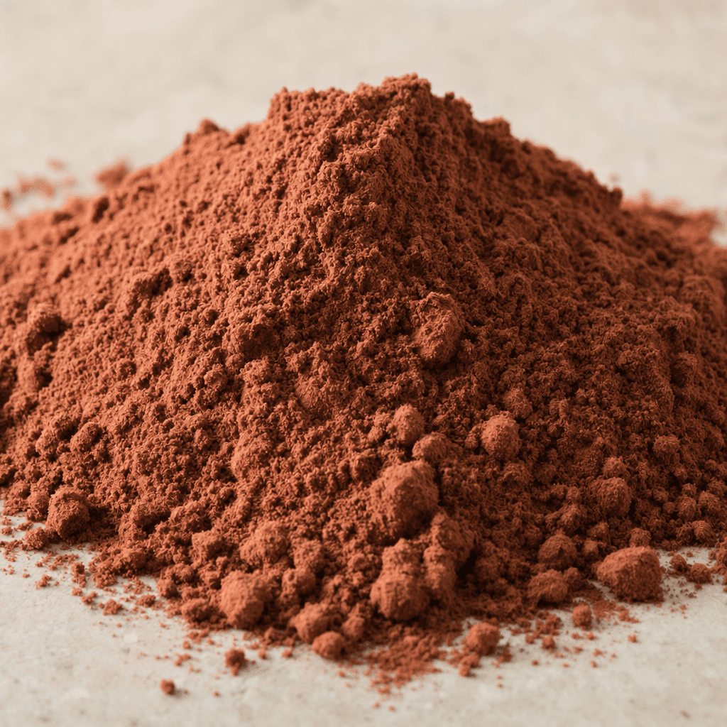 A fine, loose reddish-brown cocoa powder forms a small, matte mound with a few soft clumps and an uneven surface.