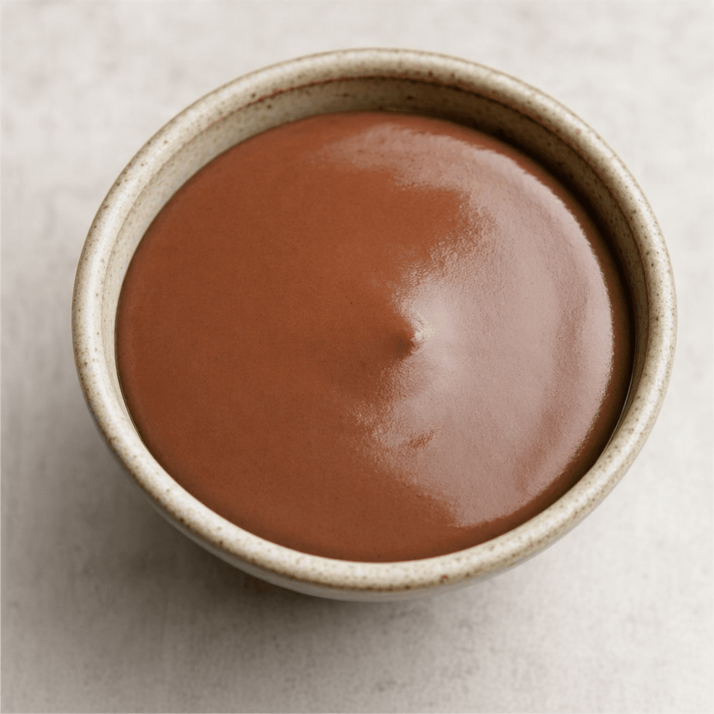 A smooth, glossy chocolate-brown pudding sits in a small serving bowl, with a softly rounded surface and a creamy, uniform texture.