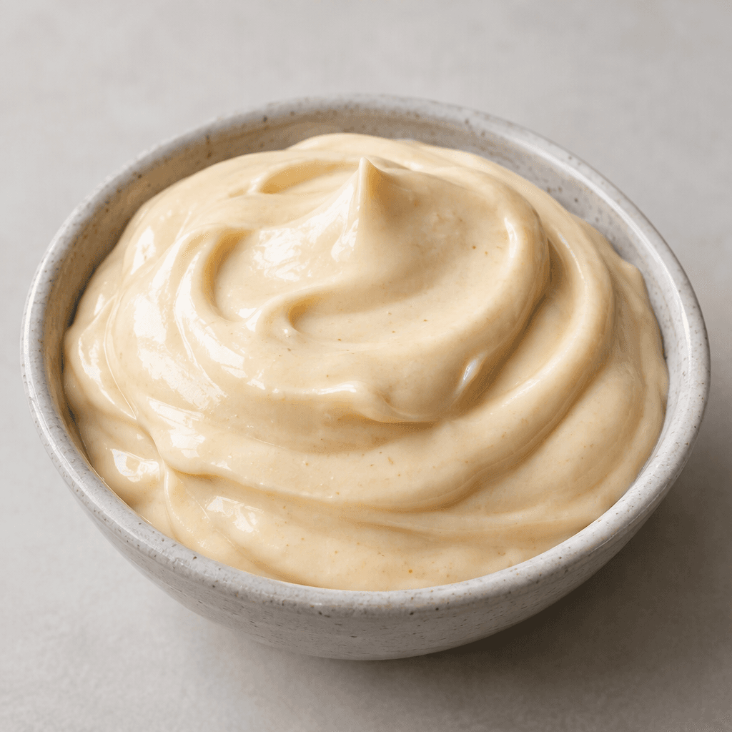 Smoked mayonnaise is a thick, smooth, glossy pale-ivory sauce with a faint beige tint, served in a soft mound with gentle swirls on its surface.