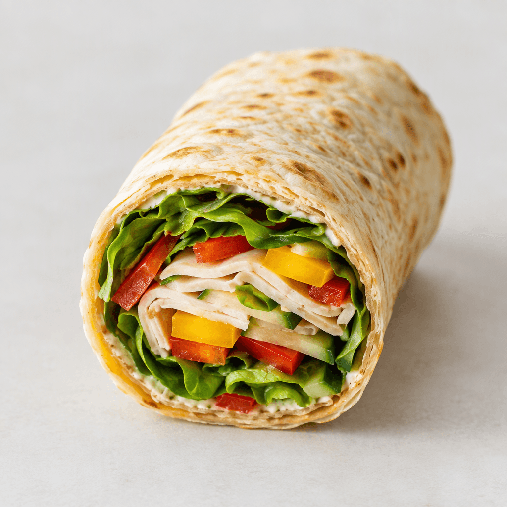 A soft, pale golden flatbread rolled into a compact cylinder around visible leafy greens, red and yellow vegetables, and pale sliced filling, with the cut end showing distinct colourful layers.
