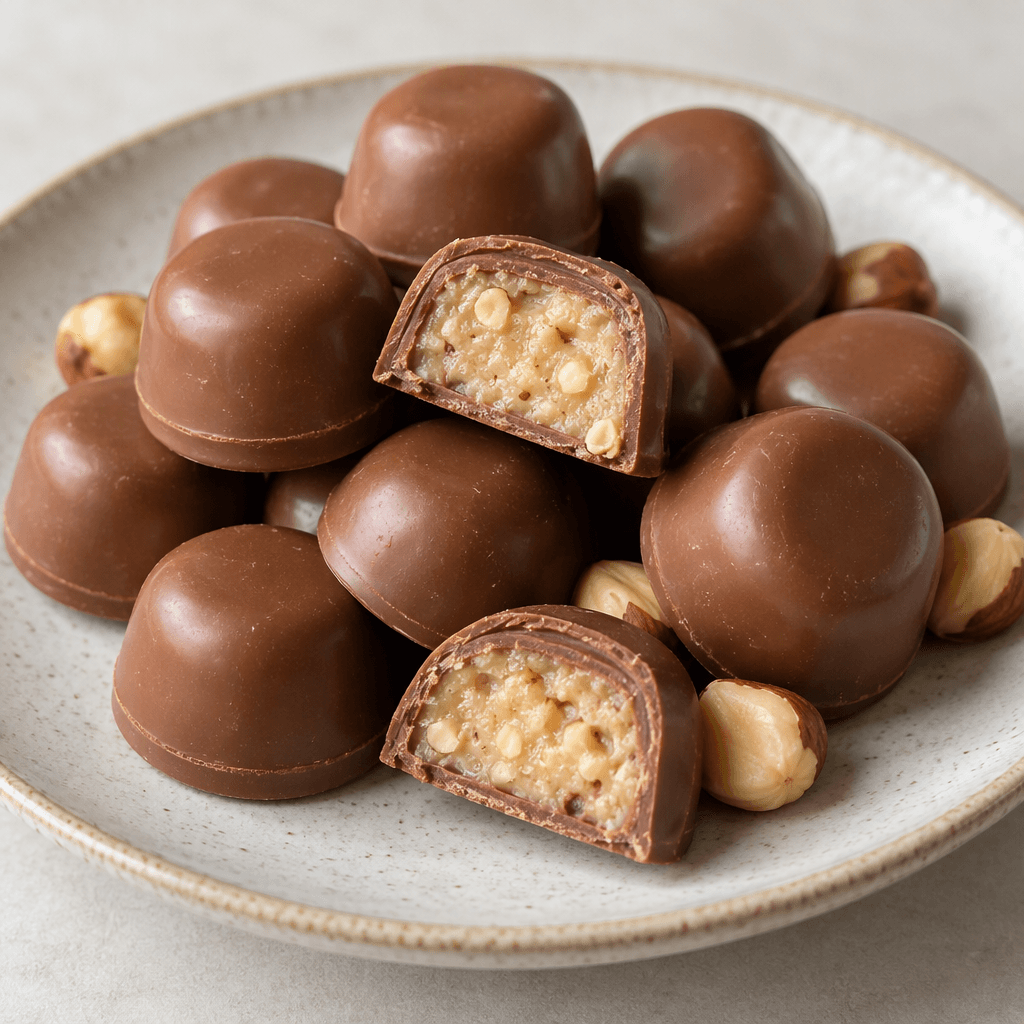 Small, rounded milk-chocolate pieces with smooth brown shells, arranged on a plate, with a few cut open to show a pale hazelnut filling.