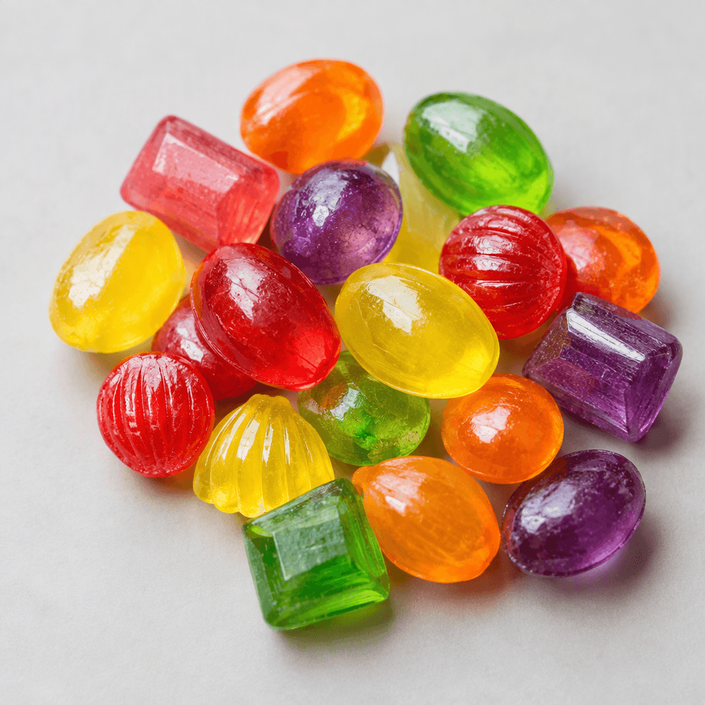 Small, glossy, translucent hard candies in bright solid colours and assorted rounded, oval, and angular shapes are scattered on a plain surface.