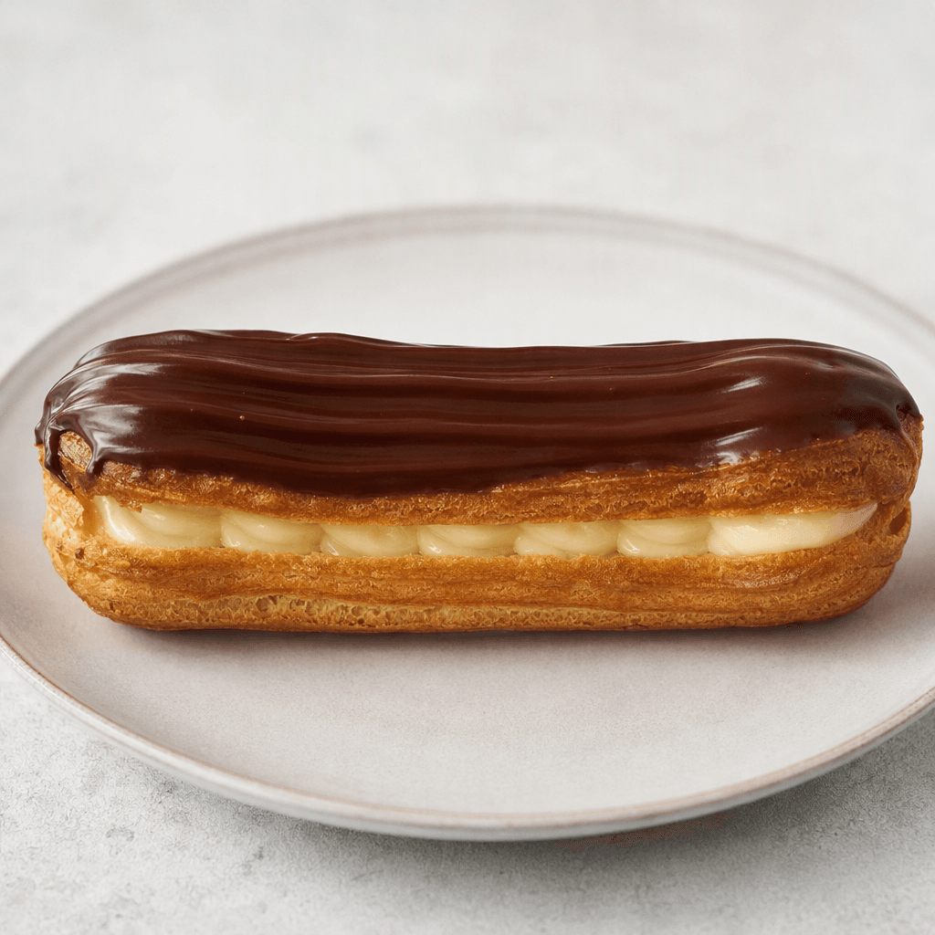 An elongated, finger-shaped choux pastry with a lightly browned, ridged shell, filled with pale cream and topped with a smooth, glossy layer of dark chocolate icing, resting on a plain plate.