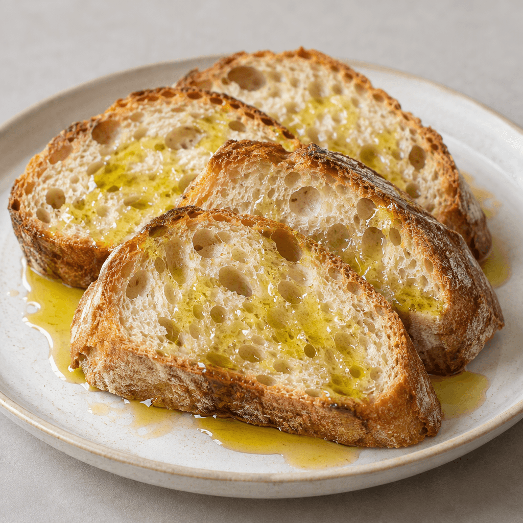Slices of rustic bread with a golden-brown crust and pale, airy crumb are arranged on a plate with glossy golden oil drizzled over the surface and pooling lightly around the pieces.