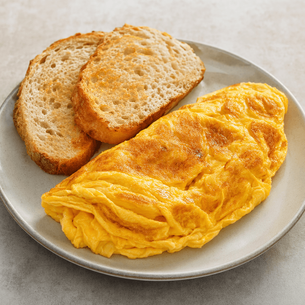 Tabakta, yer yer kızarmış altın sarısı, yumuşak dokulu bir omletin yanında dilimlenmiş ekmek bulunur.