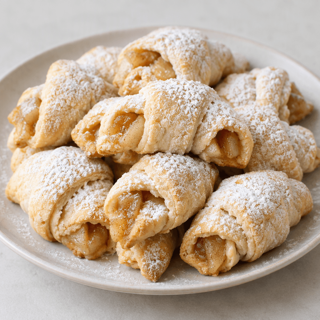Small pale-golden crescent-shaped cookies with lightly cracked, crumbly pastry, a visible soft apple filling at the folded edges, and a dusting of white powdered sugar, arranged on a plate.