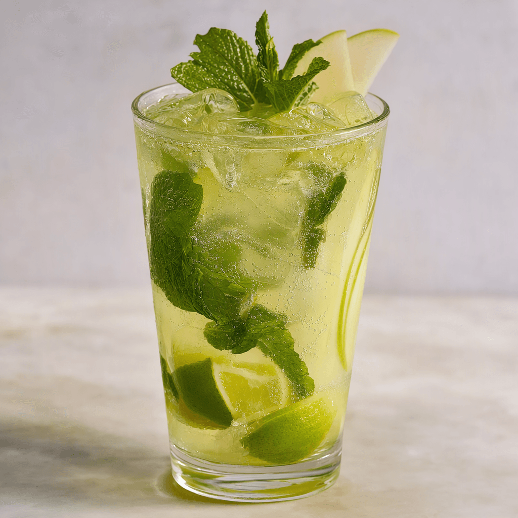 A pale green, lightly fizzy drink served over ice in a tall clear glass, with visible mint leaves, lime pieces and thin apple slices.