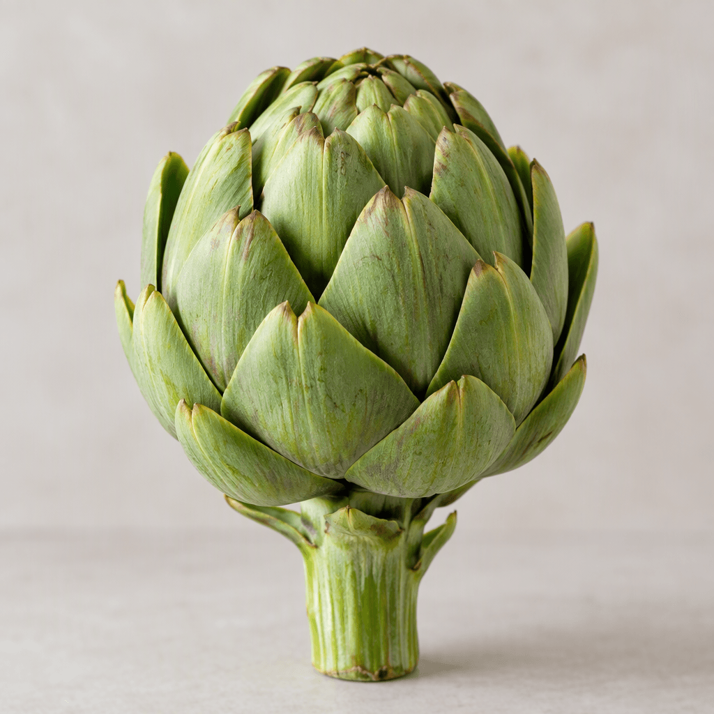 A whole artichoke with a rounded, slightly tapered green body, tightly overlapping pointed leaves, and a thick short stem, shown on a plain surface.