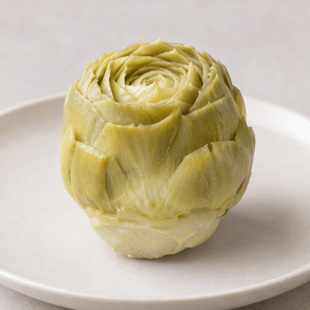 A tender artichoke heart is a compact, rounded pale-green vegetable with tightly layered, slightly pointed leaves and a smooth, creamy cut base, served whole or halved on a plate.
