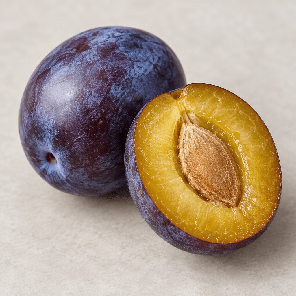A round to oval plum with smooth, taut skin in deep purple-blue, a subtle pale dusty bloom, and a small dimple at one end, shown whole and sliced open to reveal juicy amber-yellow flesh surrounding a flat, almond-shaped stone.