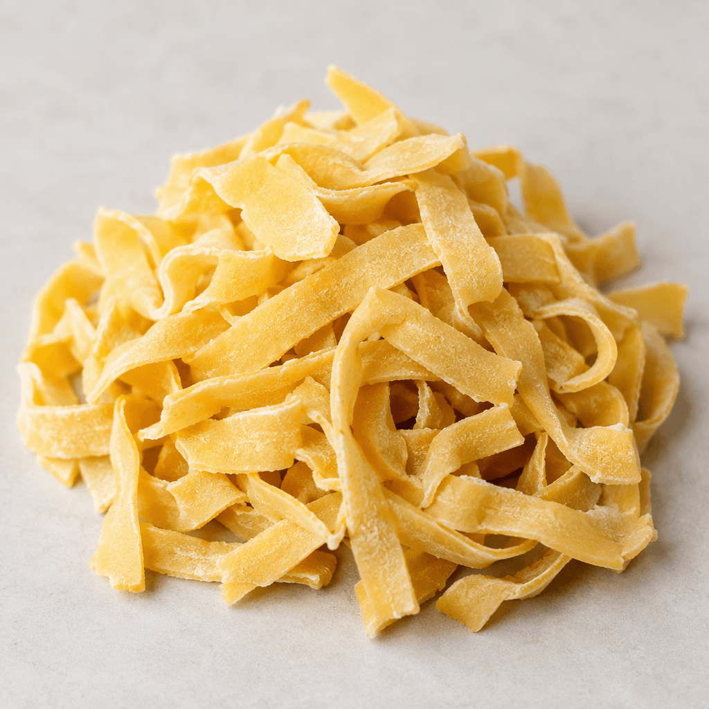 Short, flat, irregularly cut ribbons of egg noodle, pale golden-yellow with slightly rough edges, loosely piled in a small mound so individual pieces are clearly visible.